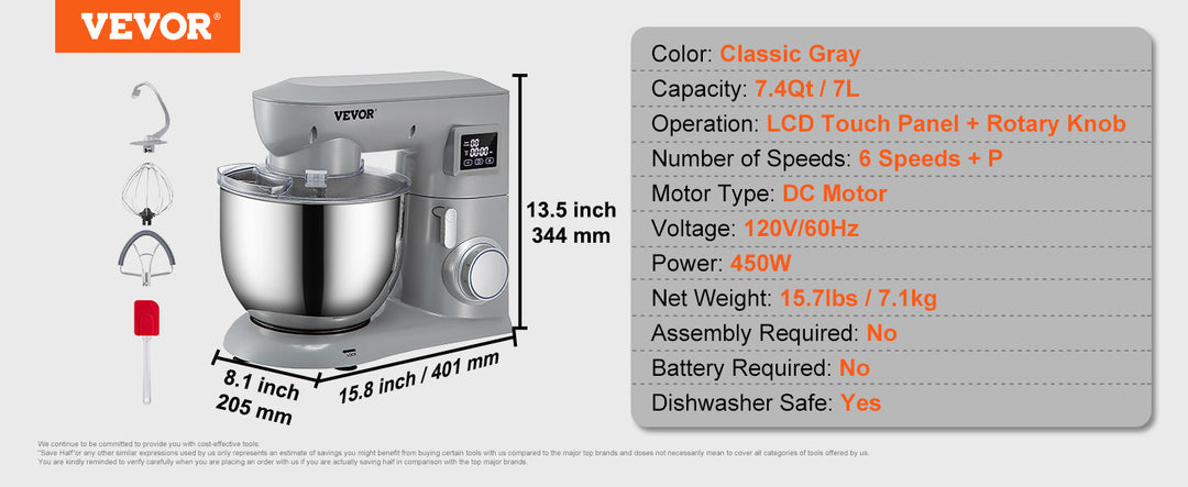 VEVOR 5 IN 1 Stand Mixer Tilt-Head Multifunctional Electric Mixer w/ 6 Speeds LCD Screen Timing 7.4 Qt Stainless Bowl Dough Hook