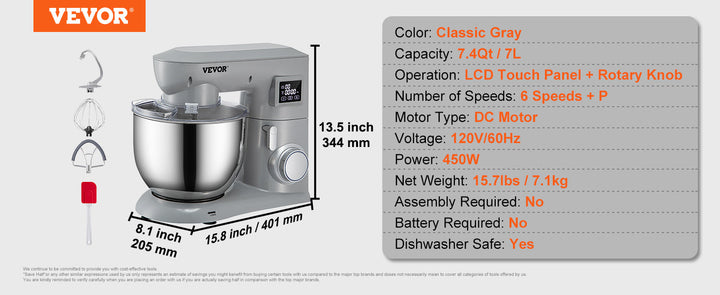 VEVOR 5 IN 1 Stand Mixer Tilt-Head Multifunctional Electric Mixer w/ 6 Speeds LCD Screen Timing 7.4 Qt Stainless Bowl Dough Hook