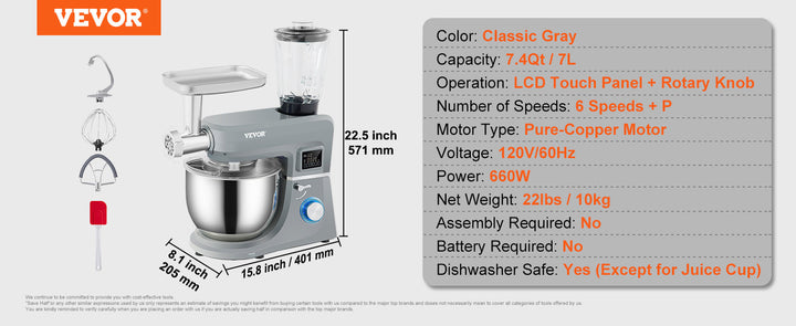 VEVOR 5 IN 1 Stand Mixer Tilt-Head Multifunctional Electric Mixer w/ 6 Speeds LCD Screen Timing 7.4 Qt Stainless Bowl Dough Hook