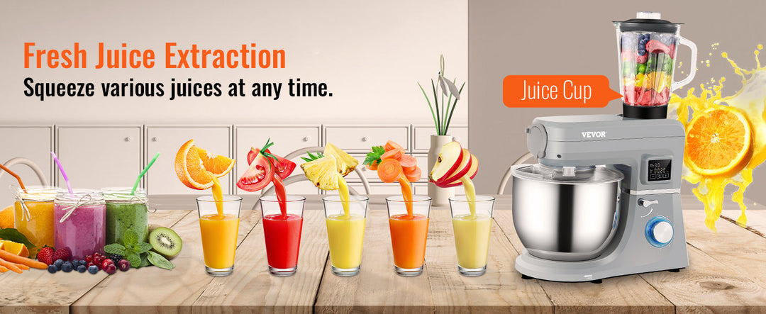 VEVOR 5 IN 1 Stand Mixer Tilt-Head Multifunctional Electric Mixer w/ 6 Speeds LCD Screen Timing 7.4 Qt Stainless Bowl Dough Hook