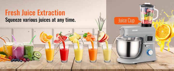 VEVOR 5 IN 1 Stand Mixer Tilt-Head Multifunctional Electric Mixer w/ 6 Speeds LCD Screen Timing 7.4 Qt Stainless Bowl Dough Hook