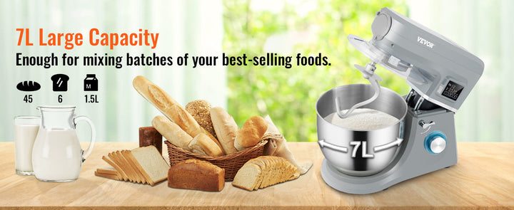 VEVOR 5 IN 1 Stand Mixer Tilt-Head Multifunctional Electric Mixer w/ 6 Speeds LCD Screen Timing 7.4 Qt Stainless Bowl Dough Hook