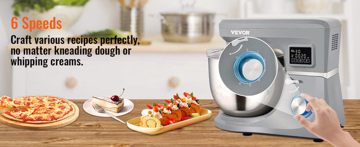 VEVOR 5 IN 1 Stand Mixer Tilt-Head Multifunctional Electric Mixer w/ 6 Speeds LCD Screen Timing 7.4 Qt Stainless Bowl Dough Hook