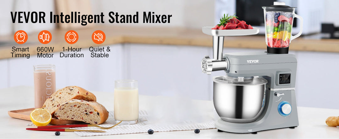 VEVOR 5 IN 1 Stand Mixer Tilt-Head Multifunctional Electric Mixer w/ 6 Speeds LCD Screen Timing 7.4 Qt Stainless Bowl Dough Hook
